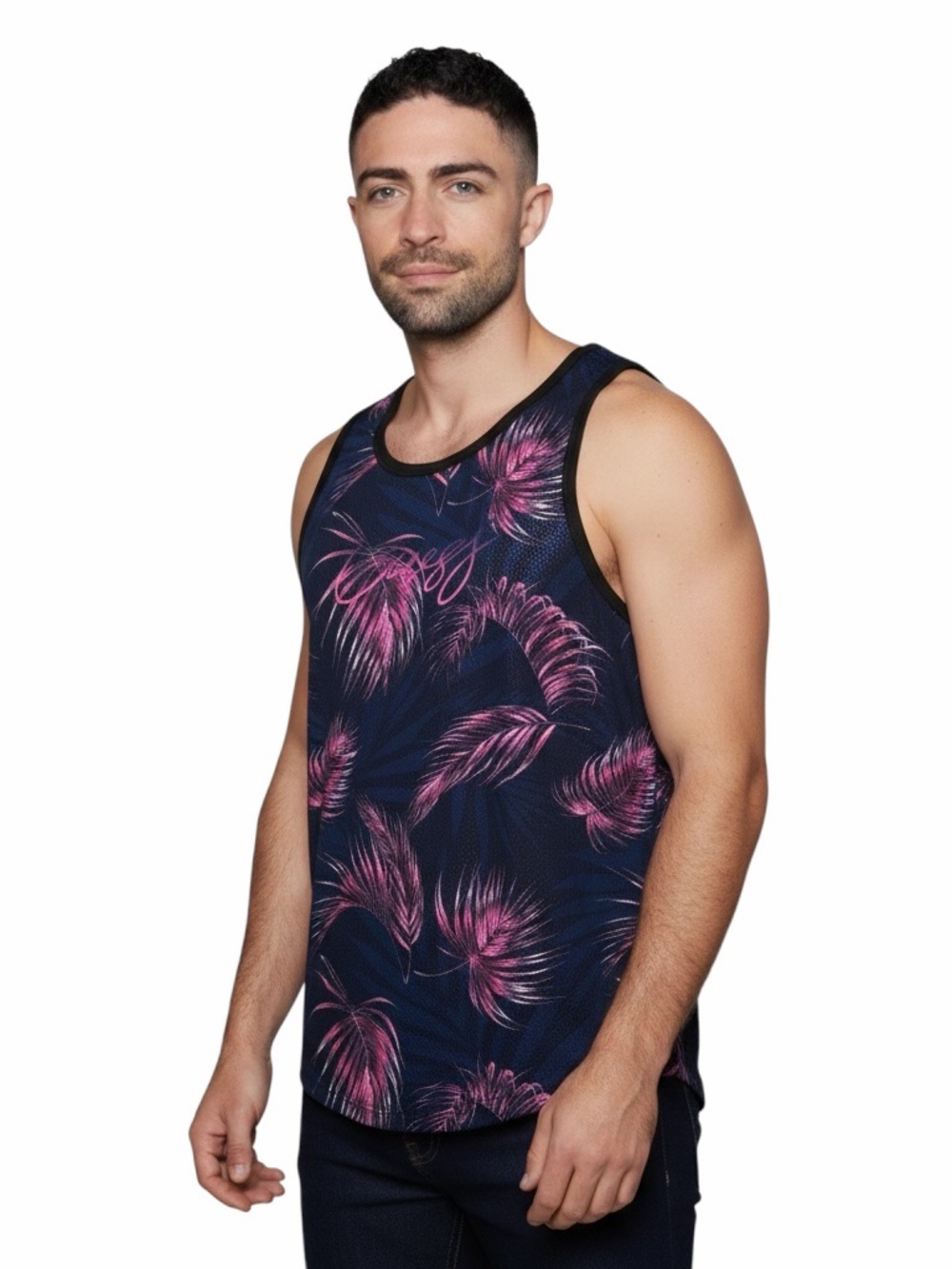 GUESS Tank Top Mens Large Pink Palm Print Mesh Graphic Summer Streetwear